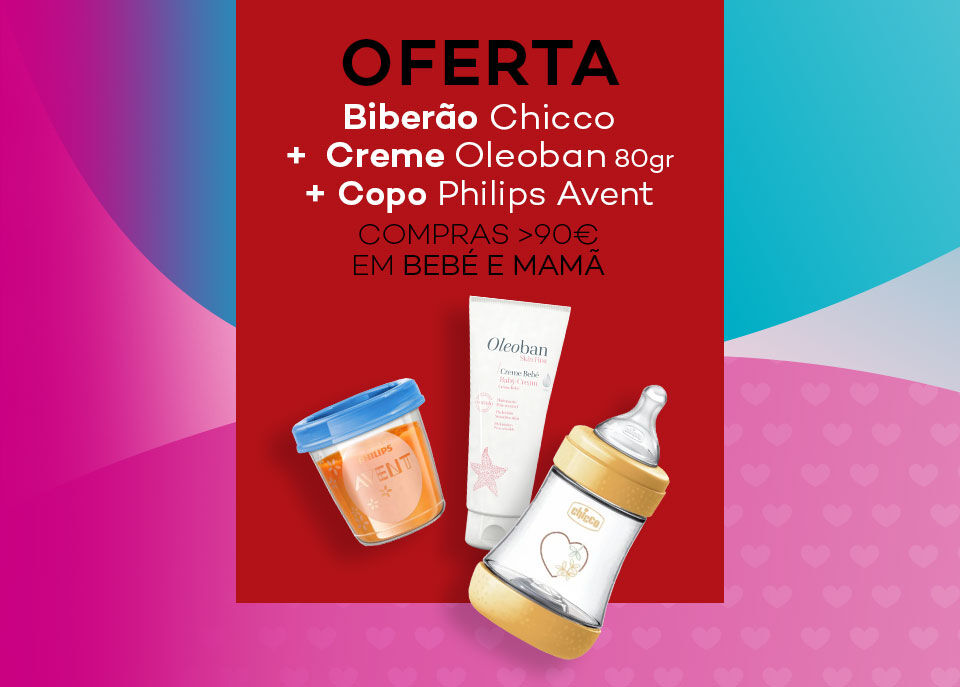 Destaque das ofertas de Bebé. Um copo Philips Avent, um biberão Chicco e um 