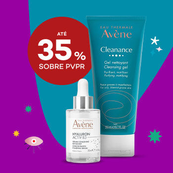 Produtos Avène com selo de desconto até 35% sobre preço de venda ao público recomendado.