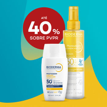 Frascos Bioderma Photoderm Aquafluide e Brume Solaire Anti-Ox com desconto até 40% sobre preço de Venda ao Público Recomendado