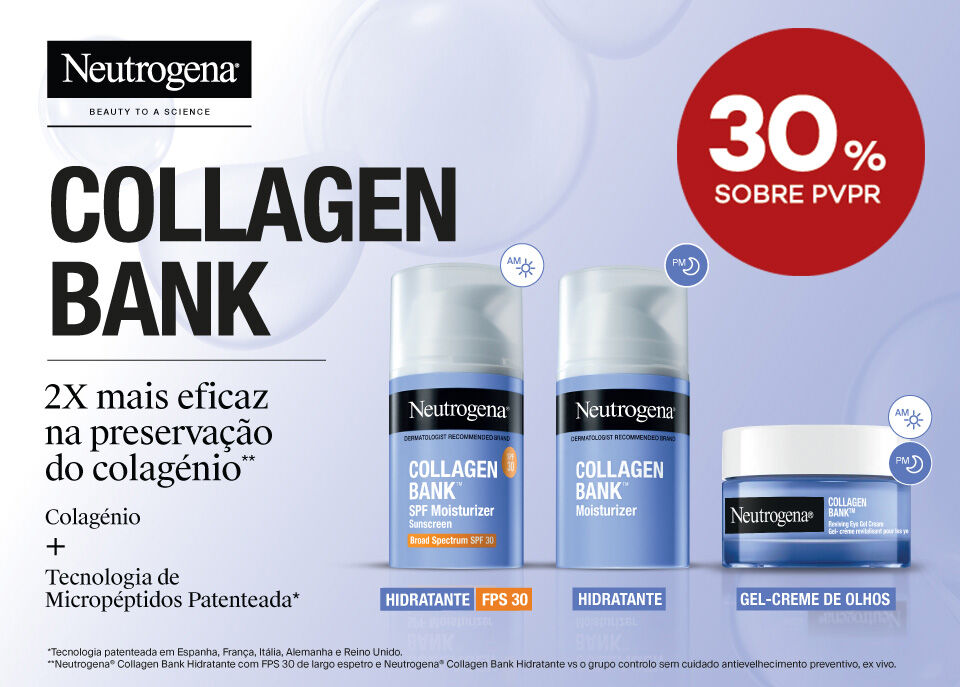 Destaque de gama Collagen Bank com selo de desconto 30% sobre preço de venda ao público recomendado