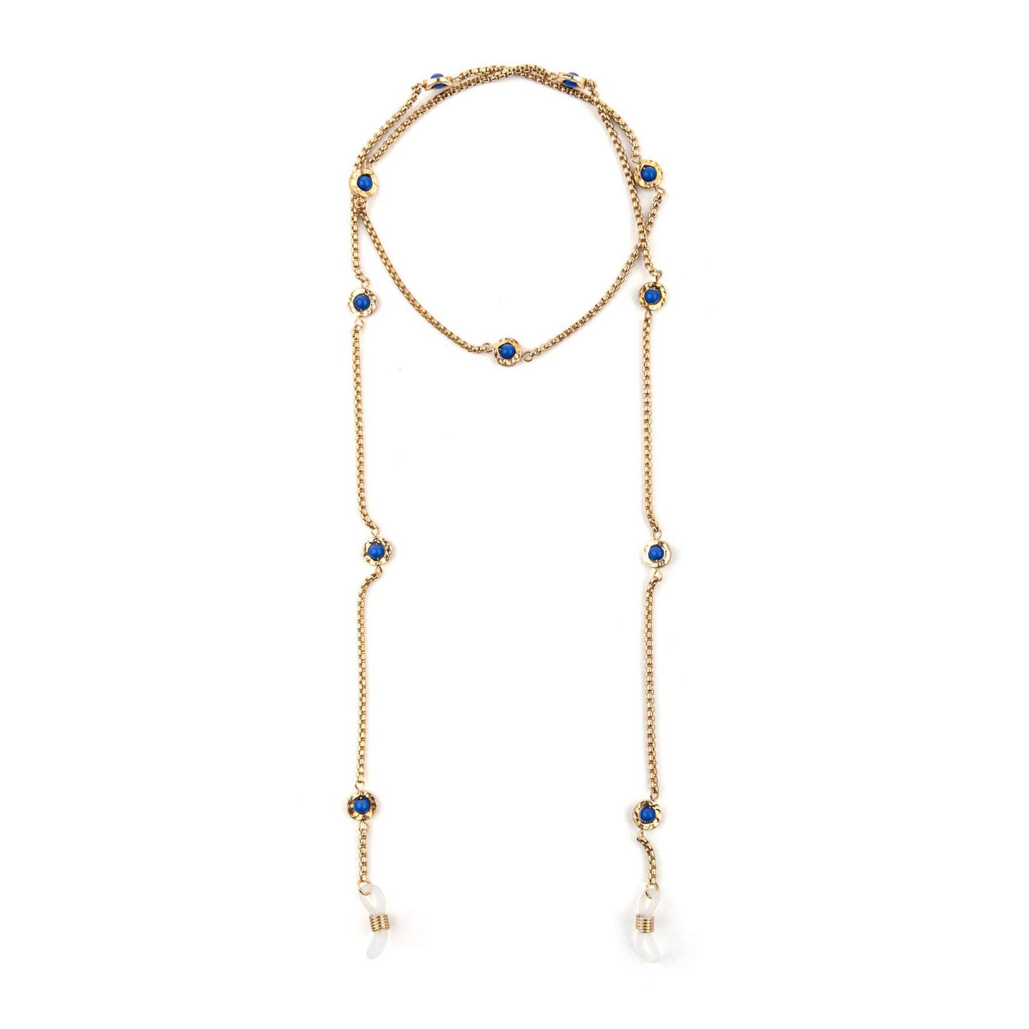 Cordão Óculos Dourado Com Pedras Azuis