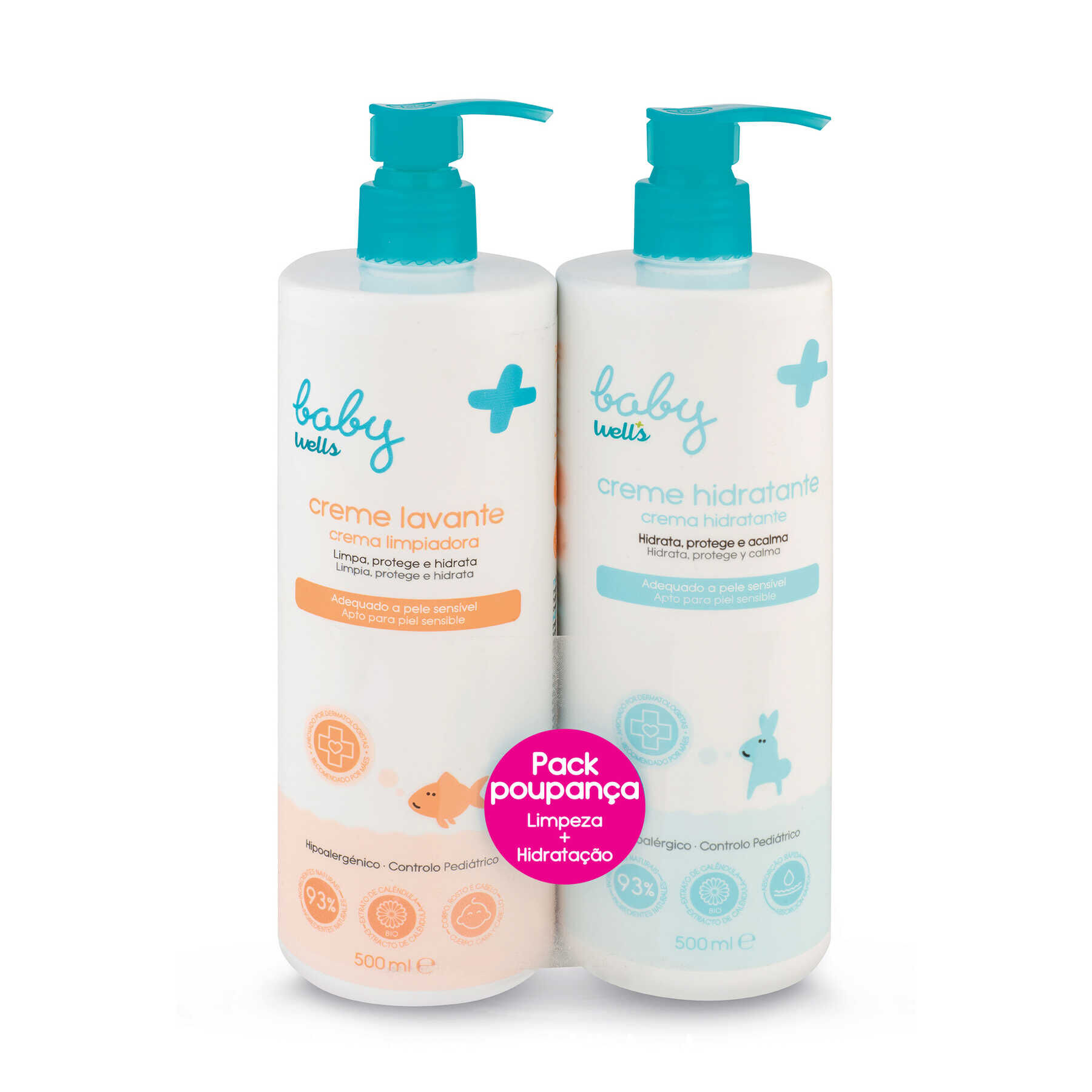 Pack Creme Hidratante e Gel Lavante Sensível Baby Wells 2 x 500 ml