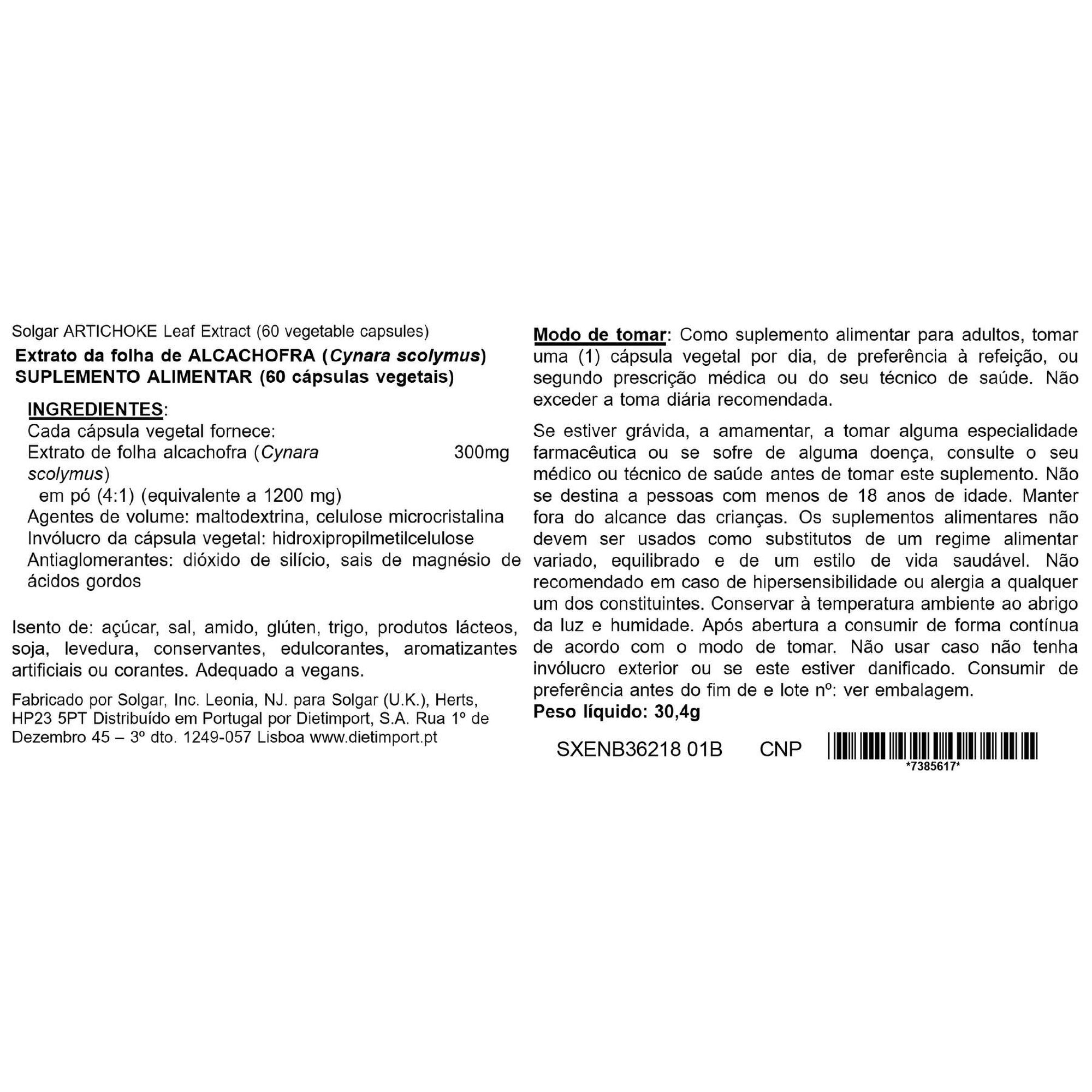Extrato de Folha de Alcachofra 300 mg