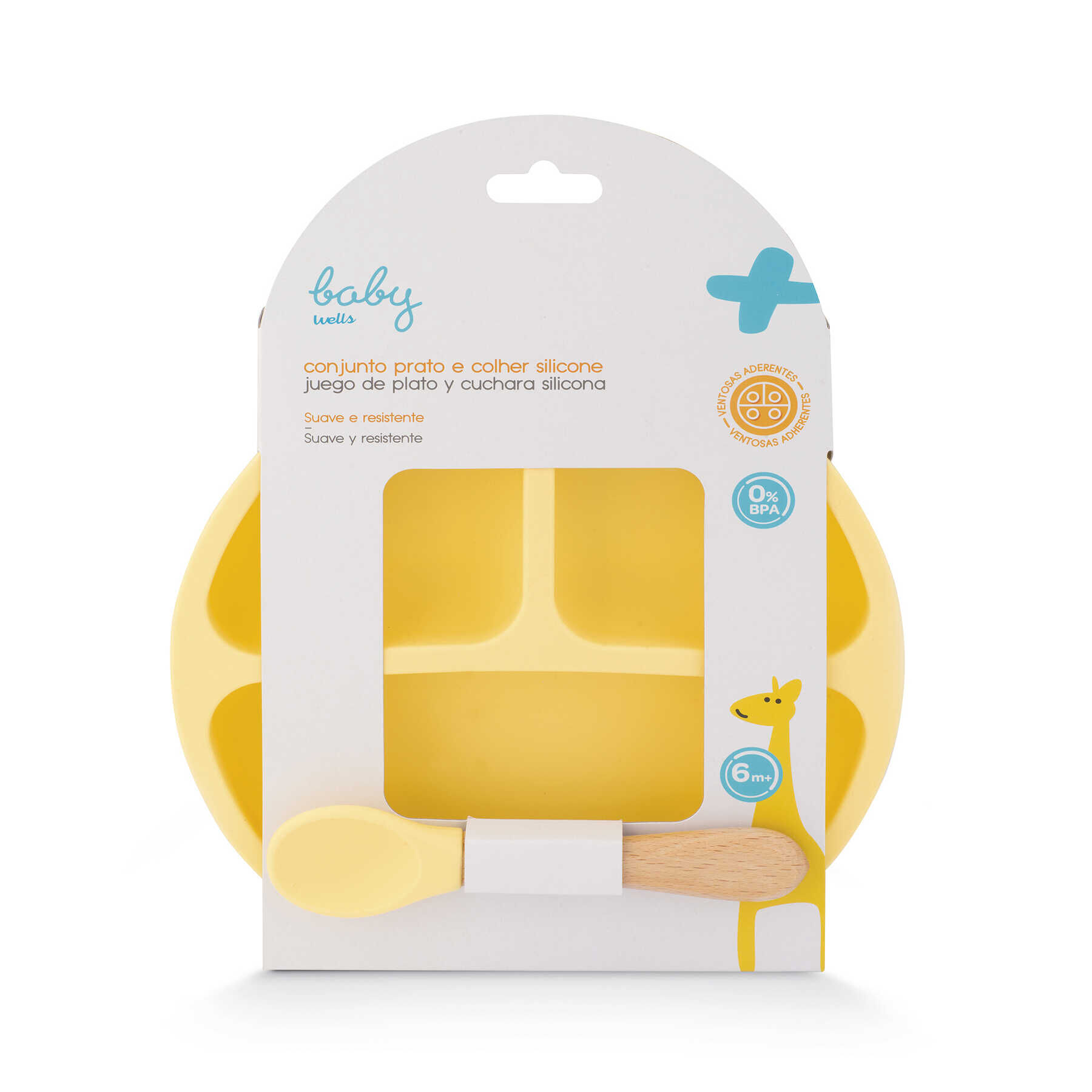 Prato e Colher Silicone Amarelo Baby Wells 2 un